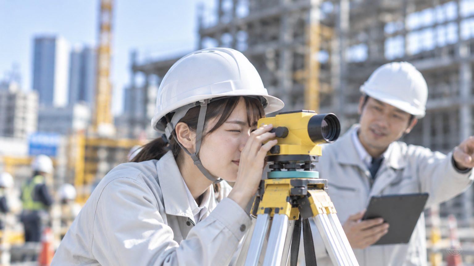 建築現場でタブレットの図面を確認する若手担当者